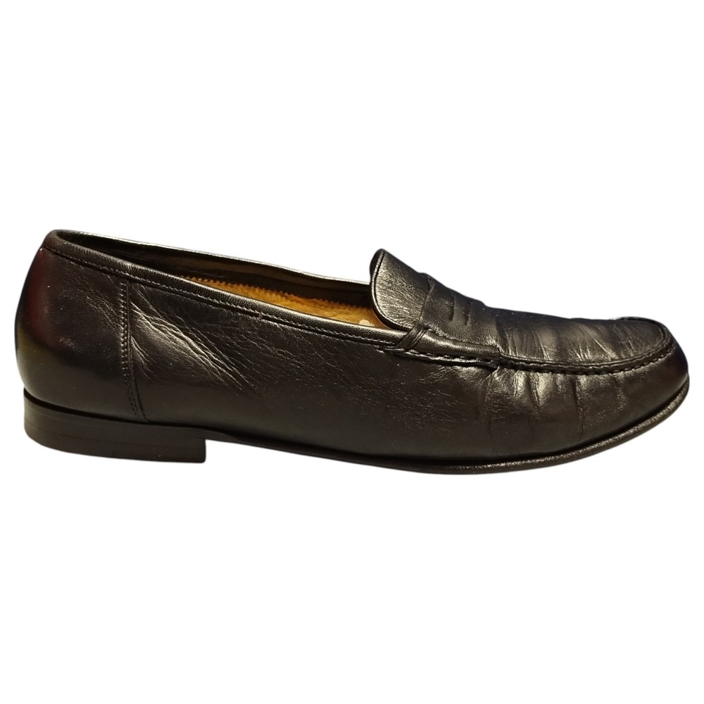 Santoni Black Leather Penny Loafers
